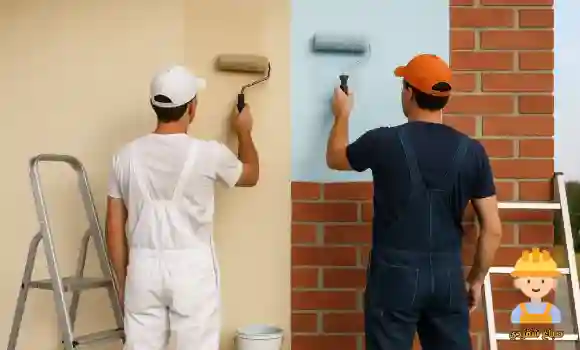 صباغ خارجي محترف أثناء دهان واجهة منزل باستخدام دهانات مقاومة للعوامل الجوية وتشطيب متقن.